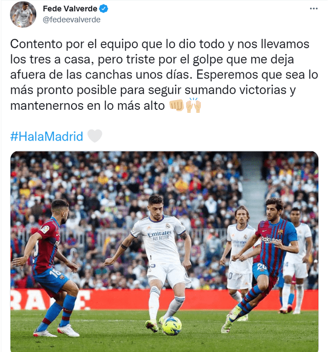 El mensaje de Federico Valverde luego de confirmar su lesión tras el clásico. Foto: captura Twitter