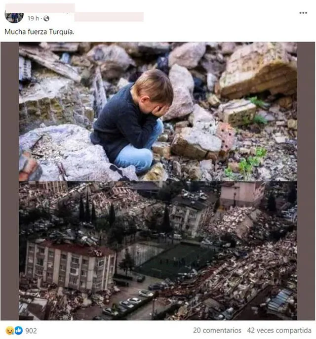  Post del niño en medio de escombros. Foto: captura de Facebook    