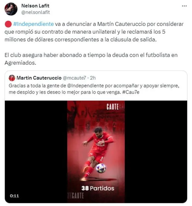 Martin Cauteruccio será denunciado por Independiente. Foto: X   
