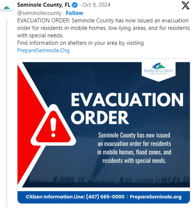 El condado de Seminole informó a sus residentes a evacuar la ciudad tras la llegada del huracán Milton, generando confusión en sus habitantes. Foto: Seminole County.    