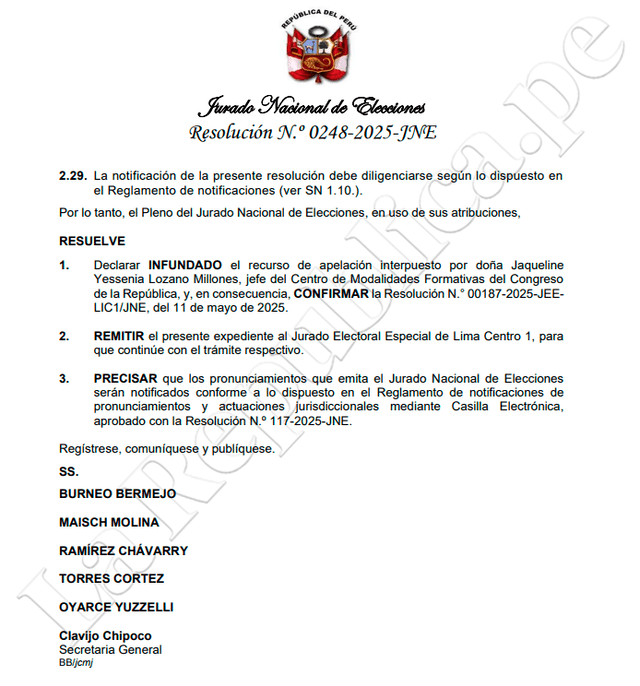 Resolución del JNE sobre caso Yessenia Lozano. Foto: La República Resolución del JNE sobre caso Yessenia Lozano. Foto: La República