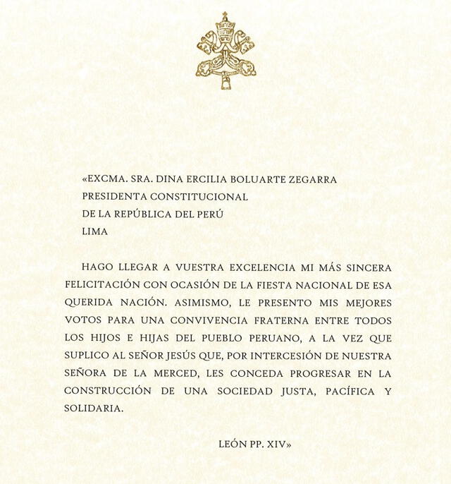  Carta del Papa León XIV a Dina Boluarte.    