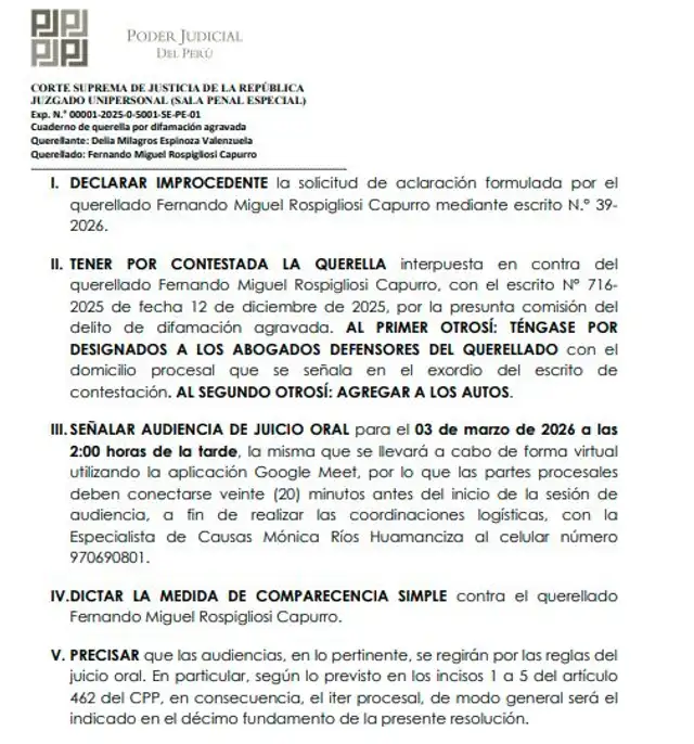  Resolución del Poder Judicial y llamado a juicio oral   