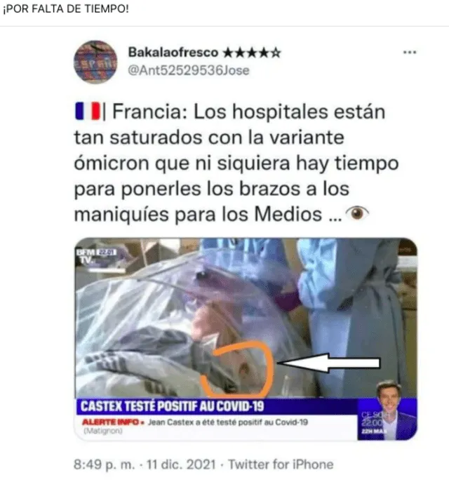 Imagen compartida de la supuesta transmisión del medio francés BFMTV mostrando un hospital lleno de casos de la variante Ómicron. Fuente: Captura LR, Facebook.