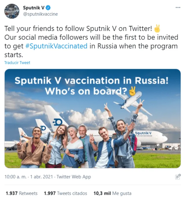 Tuit de la cuenta oficial de la vacuna Sputnik V. Foto: Captura de Twitter