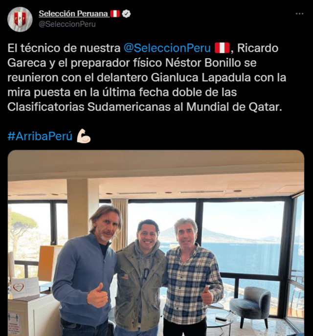 Gareca, Lapadula y Bonillo reunidos. Foto: captura selección peruana twitter