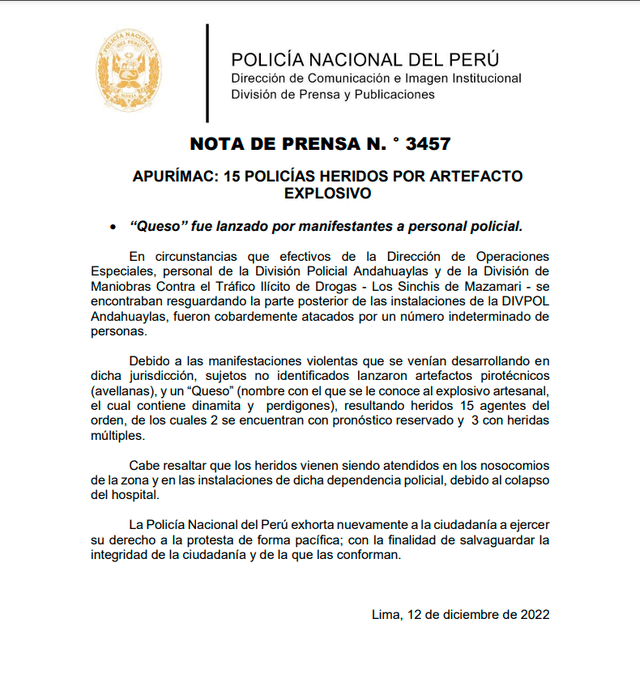 Policía Nacional informó sobre agentes heridos durante enfrentamientos. Foto: PNP