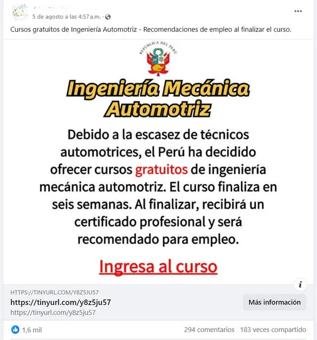 <em> Post viral sobre los supuestos cursos gratuitos. Foto: captura de Facebook</em>   