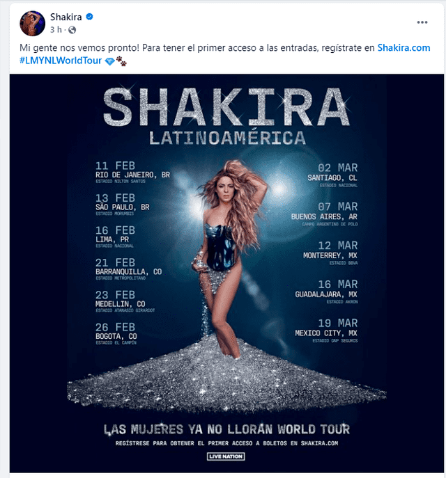 Mediante sus redes sociales, Shakira dio a conocer las fechas y los lugares donde brindará su concierto. Foto: Shakira/X   