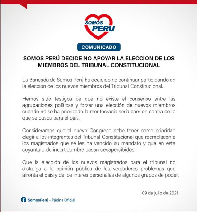 Comunicado oficial de Somos Perú. Foto: captura Twitter