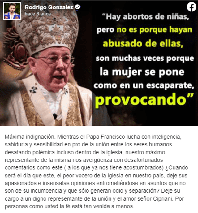 El cardenal Cipriani emitió declaraciones machistas y misóginas y Rodrigo González despotricó contra el. Foto: Facebook