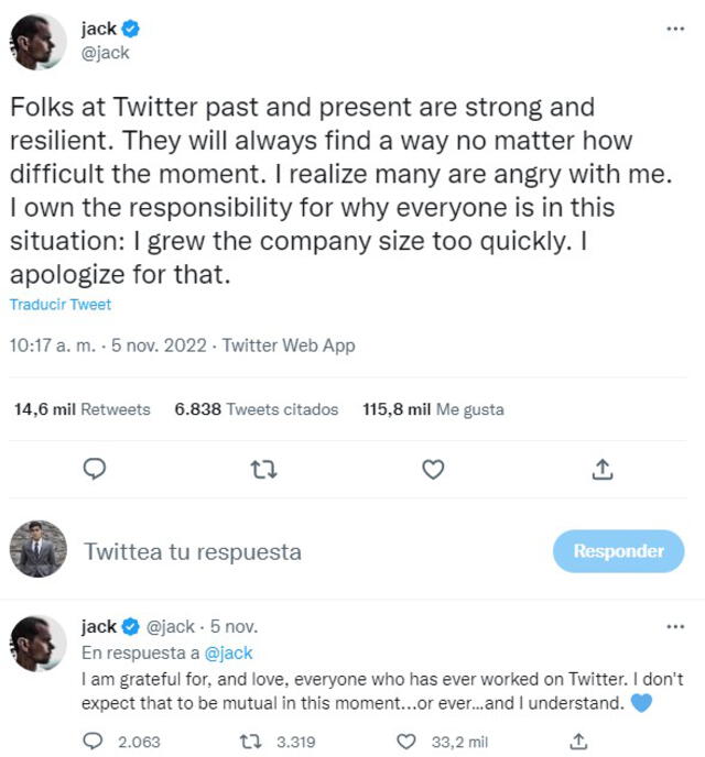 Jack Dorsey, cofundador de Twitter, tras despidos de Elon Musk: “Soy responsable y pido disculpas”