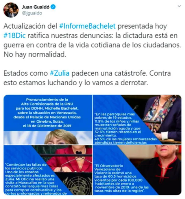 Guaidó, reconocido presidente encargado de Venezuela por casi 60 países, reaccionó a la actualización del informe. Foto: captura de pantalla