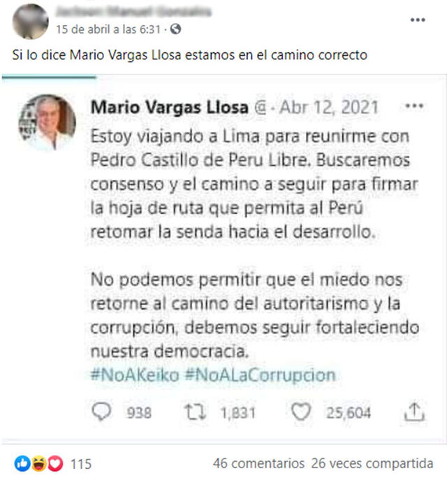 Un supuesto tuit de Vargas Llosa buscando reunirse con Pedro Castillo tras las elecciones de 2021. Foto: captura en Facebook.