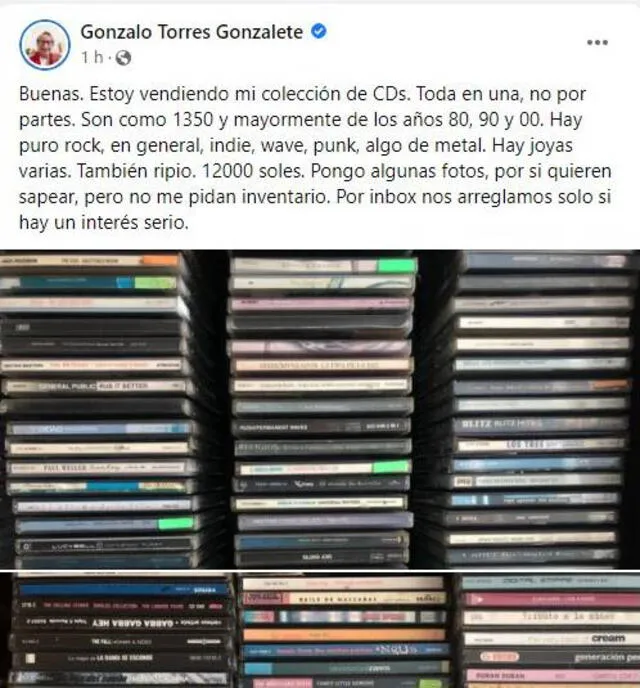 Gonzalo Torres vende colección de CD's. Foto: Gonzalo Torres/ Facebook