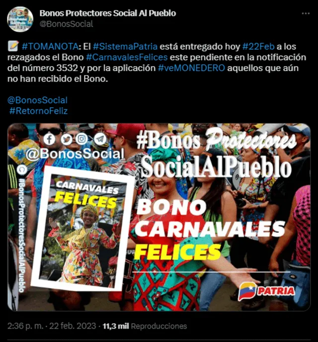  Comunicado oficial del Sistema Patria sobre la entrega del Bono Carnavales Felices 2023. Foto: Sistema Patria    