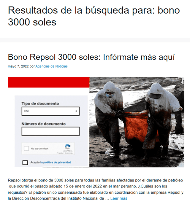  Nota de mayo de 2022 informa que el bono de 3.000 soles es entregado por Repsol. Foto: captura en web de Peruanini.    
