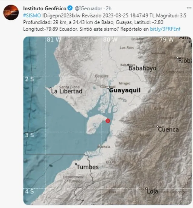  Último sismo registrado en Ecuador hoy, 25 de marzo. Foto: IGecuador/ Twitter   