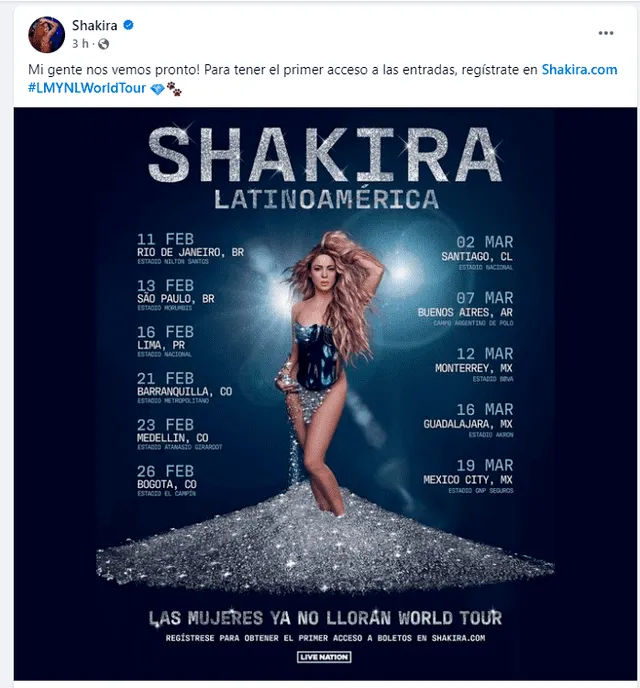 Shakira confirma su gira por Latinoamérica. Foto: Facebook/Shakira   