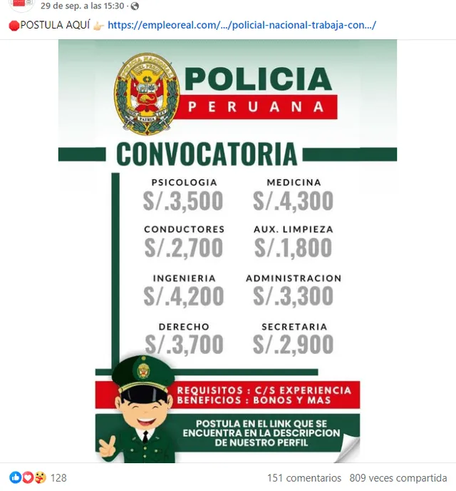  Desinformación sobre las convocatorias de trabajo de la PNP. Foto: captura en Facebook.&nbsp;<br>   