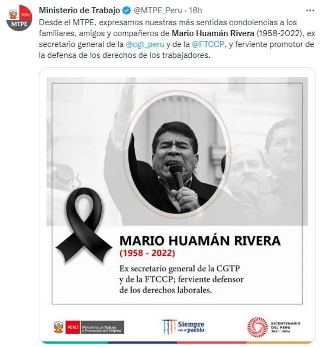 MTPE tras fallecimiento de Mario Huamán