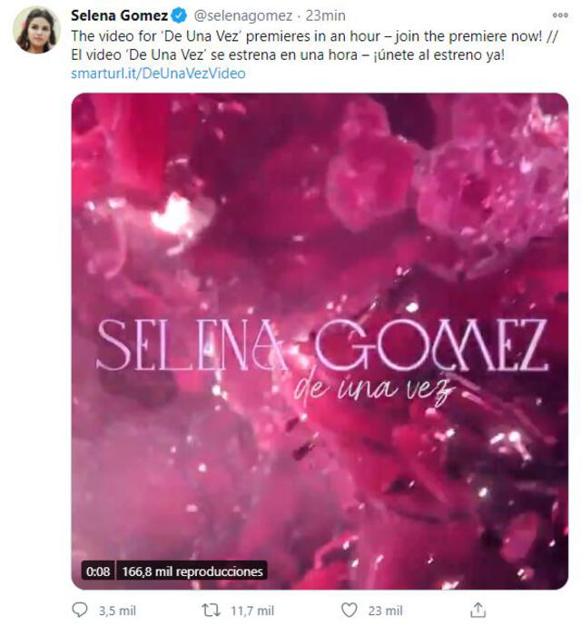 Post de Selena Gómez promocionando "De una vez". Foto: captura/Twitter