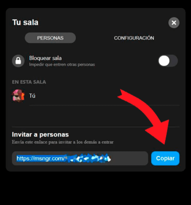 Copia y comparte el enlace de tu sala con tus contactos