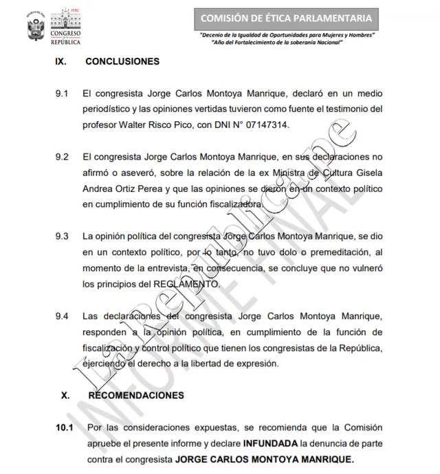 Informe de Ética para blindar a Jorge Montoya.