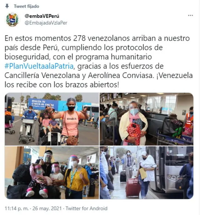 La embajada de Venezuela en Perú también confirmó el vuelo de repatriación. Foto: captura de Twitter