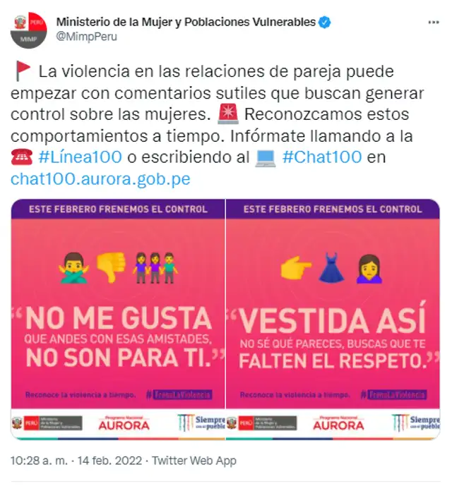 Mensaje del MIMP en el Día de San Valentín. Foto: Captura twitter MIMP