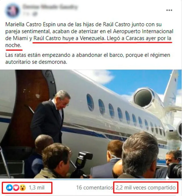 Publicación viralizada en Facebook donde se afirma que Raúl Castro llegó a Caracas, Venezuela, la noche del domingo 11 de julio de 2021. FOTO: Captura de Facebook.