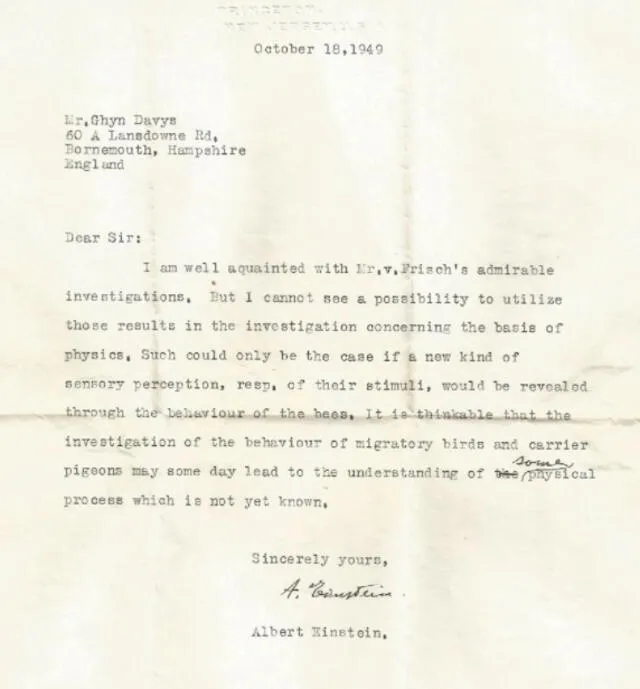 Copia de la carta escrita por Albert Einstein sobre los supersentidos animales. Foto:  Journal of Comparative Physiology