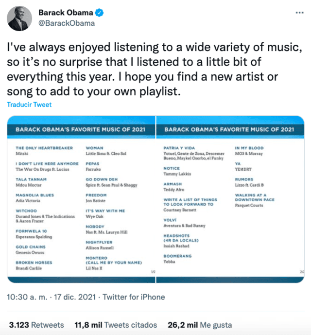 ¿Qué canciones se incluyen en el top musical 2021 de Barack Obama?