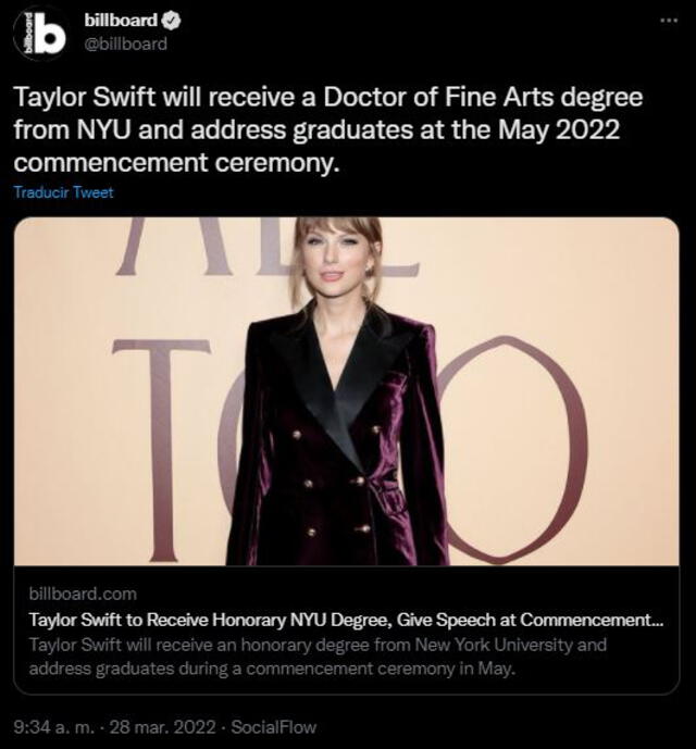 Taylor Swift recibirá doctorado de la Universidad de Nueva York. Foto: Twitter Billboard