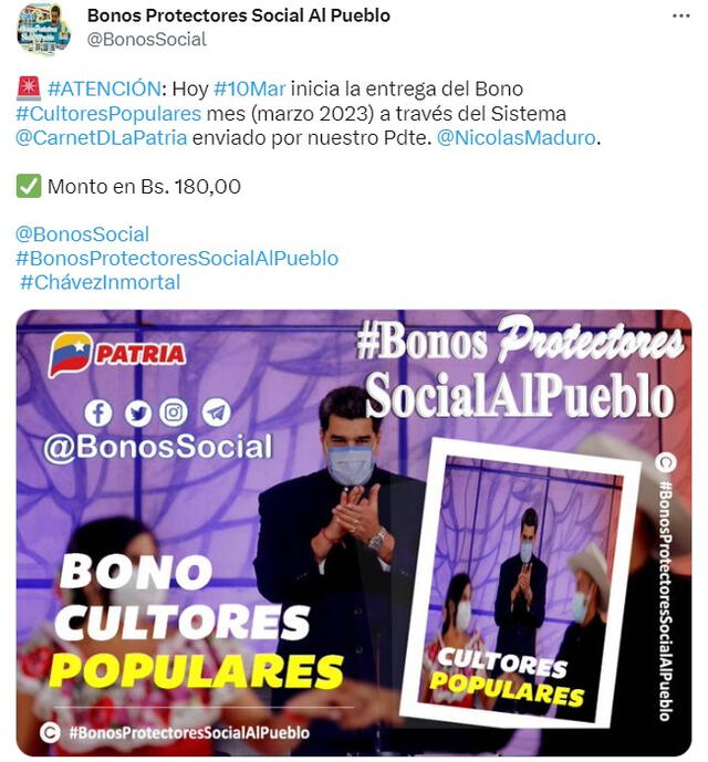 El Bono Cultores Populares se entregó en marzo. Foto: @BonosSocial/Twitter   