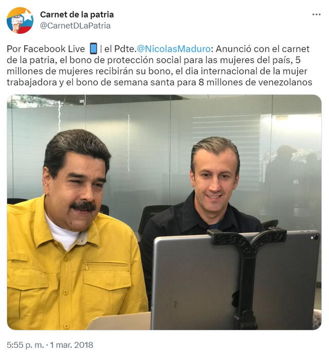  En el marco del Día Internacional de la Mujer Trabajadora, Nicolás Maduro hace entrega de un bono especial. Foto: CarnetDLaPatria/ Twitter   