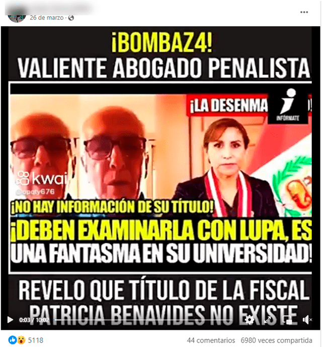  Publicación que señala: “¡Bombaza! Valiente abogado penalista reveló que el título de la fiscal Patricia Benavides no existe”. Foto: captura en Facebook.   