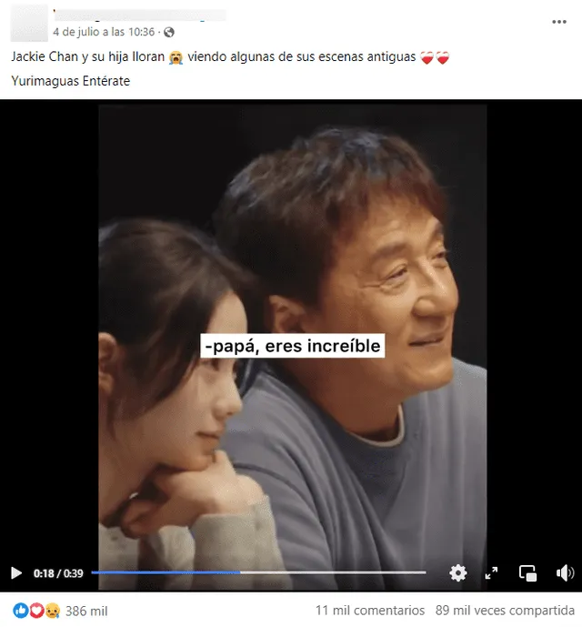 La publicación asegura que Jackie Chan llora en un video con su “hija”. No menciona que se trata de solo una actuación. Foto: captura en Facebook.    