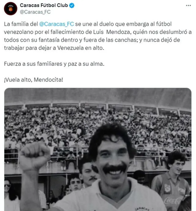 Pronunciamiento en redes sociales de Caracas FC sobre la muerte de 'Mendocita'. Foto: Caracas_FC/X    