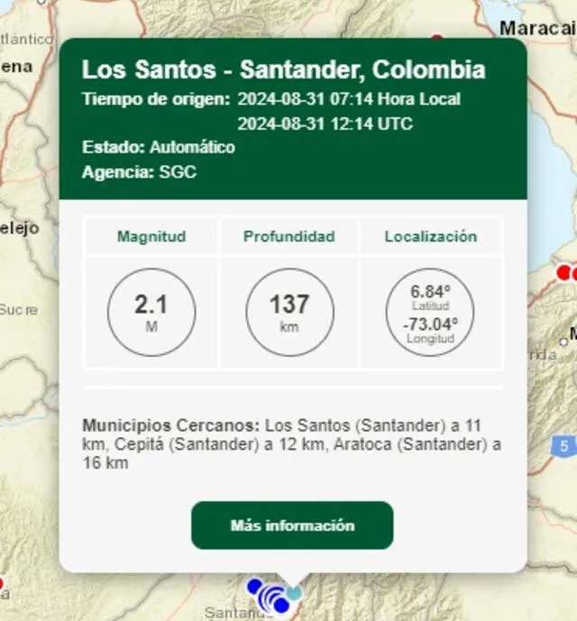 Información del último sismo en Colombia. Foto: SGC 