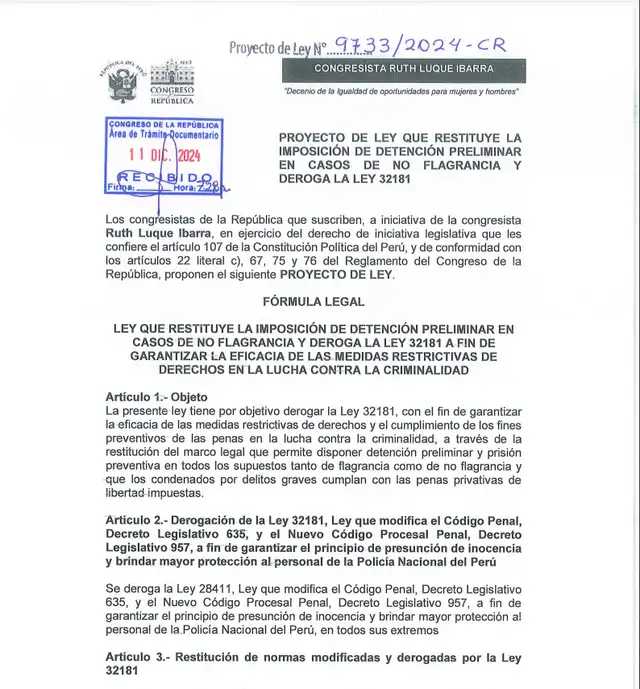 Proyecto de Ley para retomar la detención preliminar y derogar la Ley 32181 presentado por Ruth Luque | Fuente: Congreso. Proyecto de Ley para retomar la detención preliminar y derogar la Ley 32181 presentado por Ruth Luque | Fuente: Congreso.
