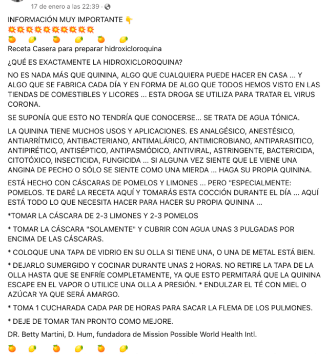 Receta compartida en la red social Facebook para la preparación de supuesta hidroxicloroquina casera para tratar la COVID-19. Fuente: Captura LR, Facebook.