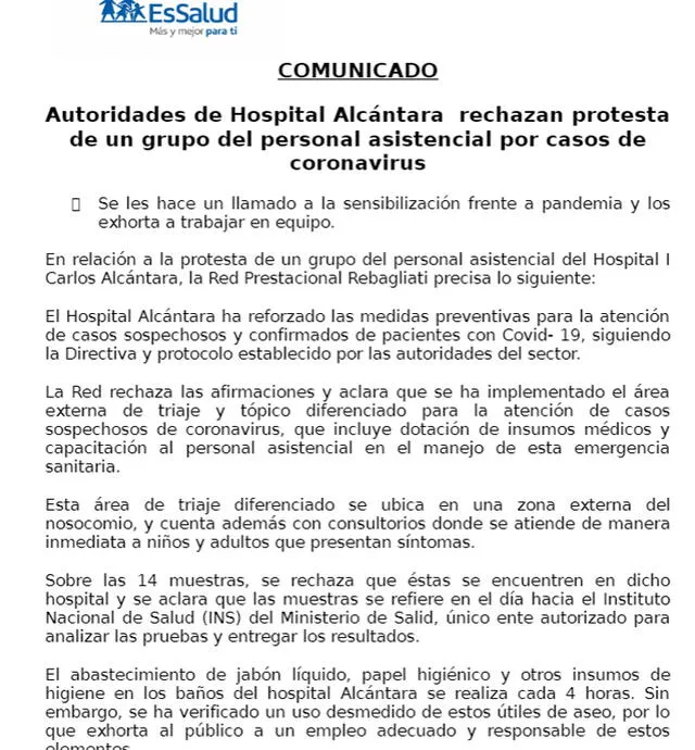 Comunicado del Hospital Alcántara.