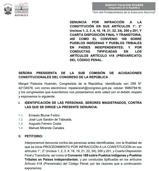 Presentan denuncia constitucional contra magistrados Blume, Ferrero, Sardón y Miranda. Foto: documento