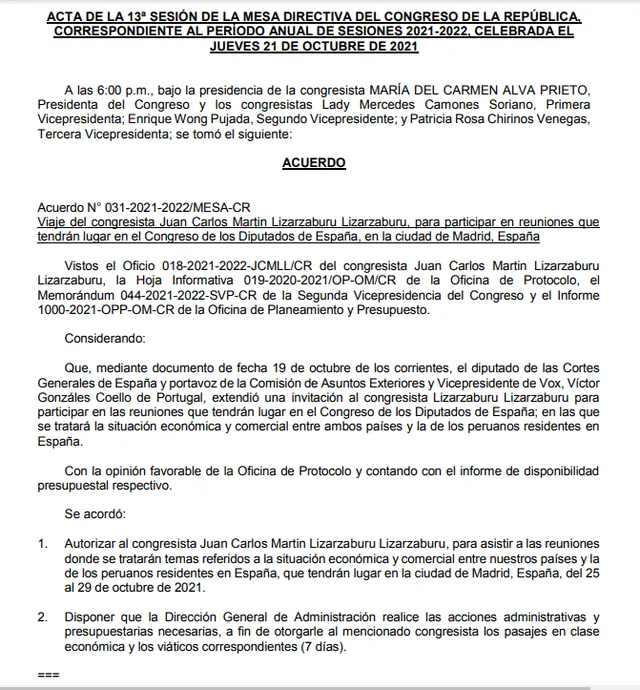 Oficio en el que la Mesa Directiva oficializa el pago de los viáticos de Juan Carlos Lizarzaburu. Foto: Diego Quispe Sanchez.