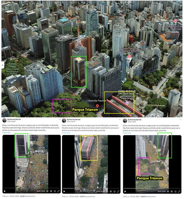  La zona de la concentración masiva, que refleja el video viral, se localiza en Sao Paulo, Brasil. Foto: capturas en web / Google Earth y&nbsp; en X / Guilherme Derrite.<br>   