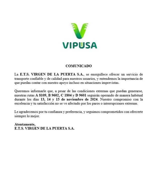 Comunicado de la empresa de transporte Virgen de la Puerta. Foto: difusión   