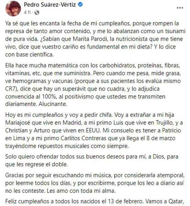 Pedro Suárez Vértiz cumple 53 años con emotivo mensaje. Foto: Pedro Suárez Vértiz/Facebook