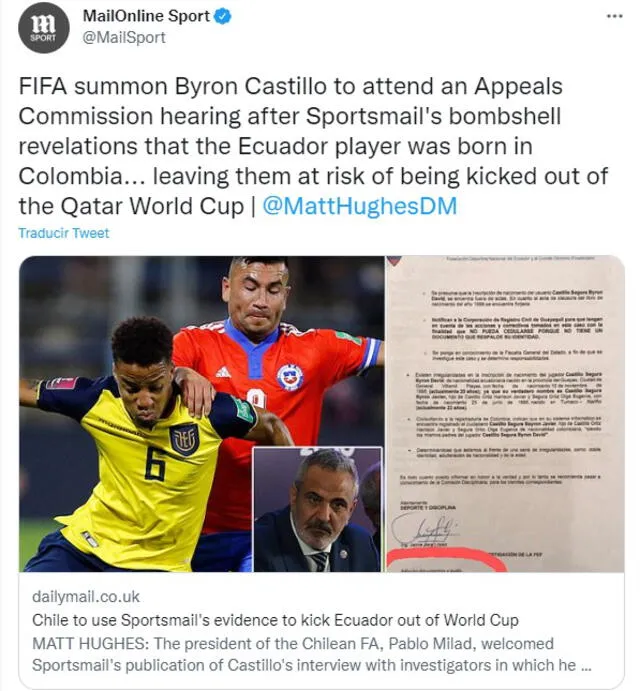Información del Dayli Mail sobre Byron Castillo. Foto: captura de @MailSport/Twitter