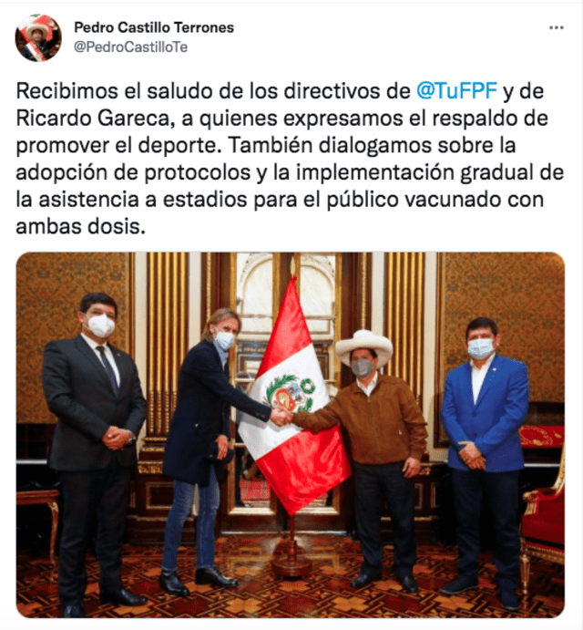 Pedro Castillo se pronunció sobre la posibilidad de que el gobierno autorice jugar con publico. Foto: twitter/Pedro Castillo
